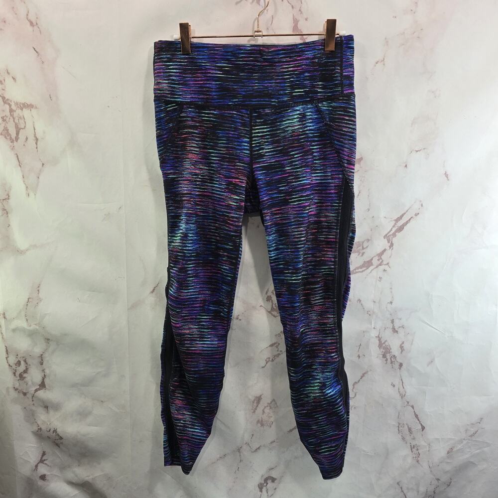 Athleta Leggings Womens Medium Interstellar Mesh Ruched Neon Stripe Rainbow